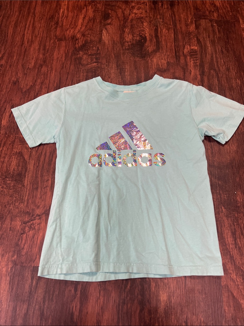adidas Kids Short Sleeve Tee in Light Blue with Holographic Logo